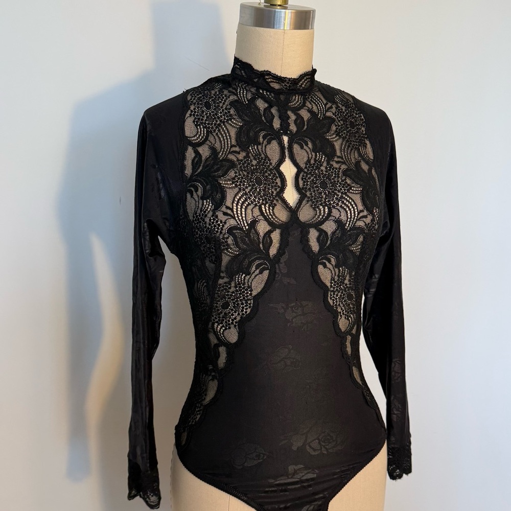 La Perla Lace Bodsuit Womens S/M Black Floral Long Sleeve High Neck